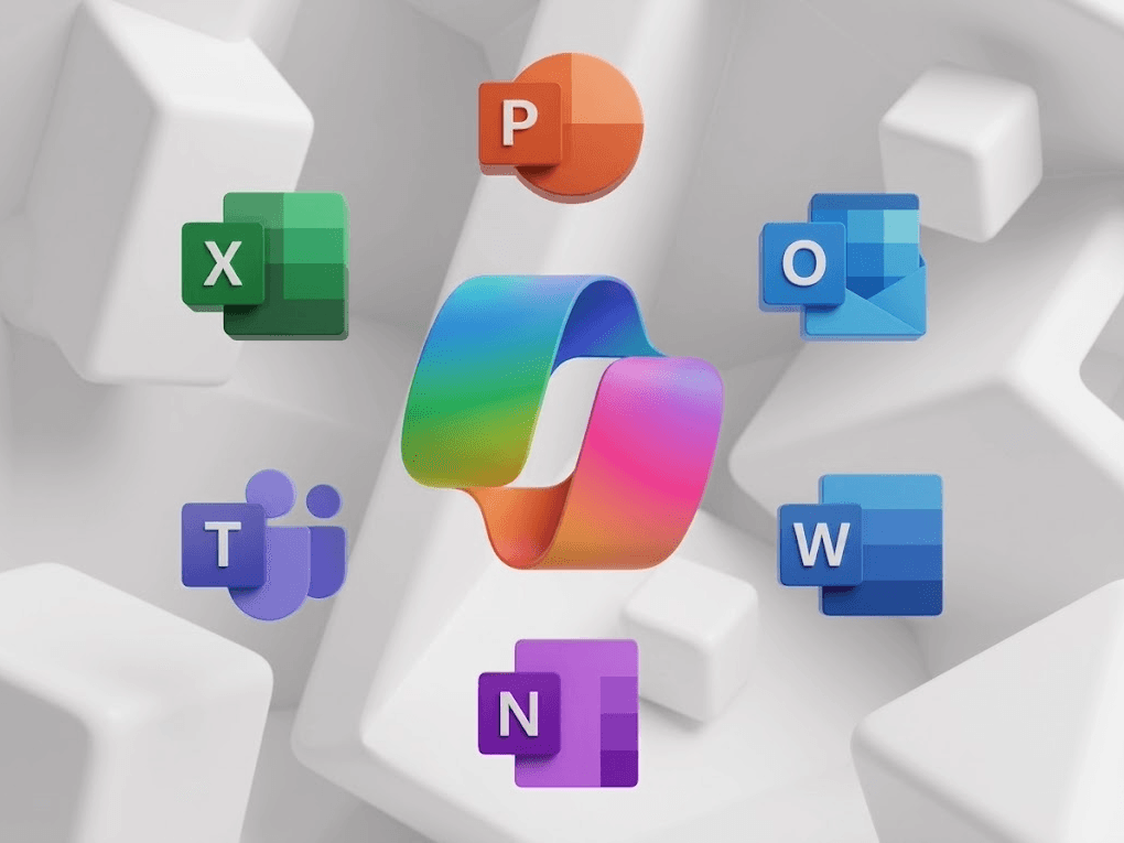 Microsoft 365 Copilot — logo de Copilot rodeado de íconos de PowerPoint, Outlook, Word, OneNote, Teams y Excel.