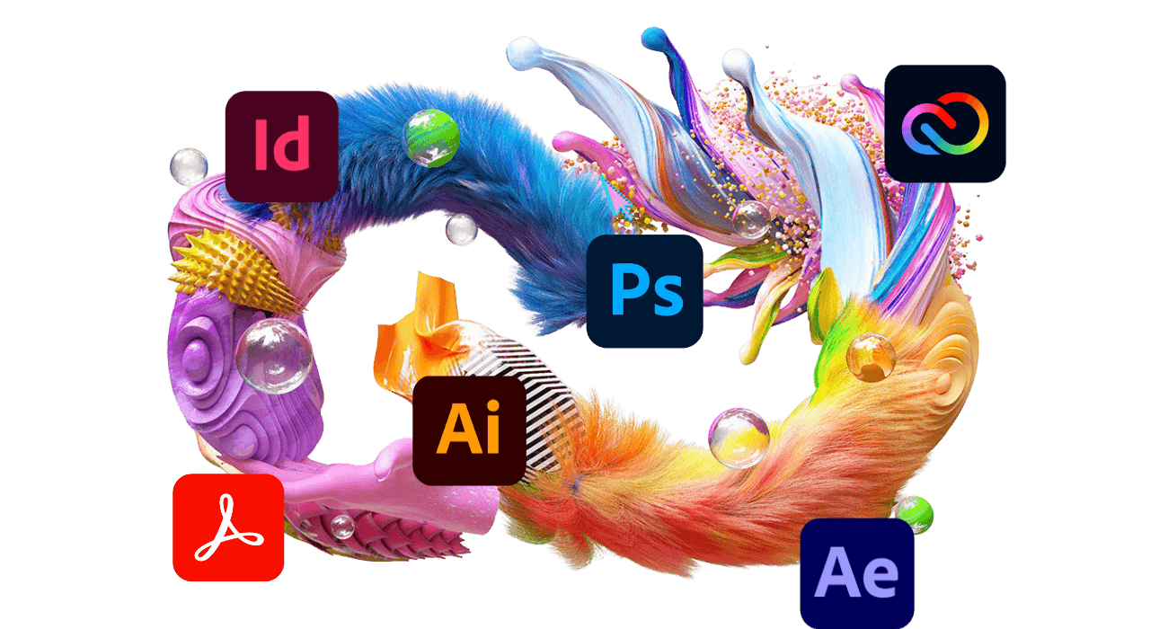 Íconos de las aplicaciones de Adobe Creative Cloud flotando sobre un fondo de nubes.