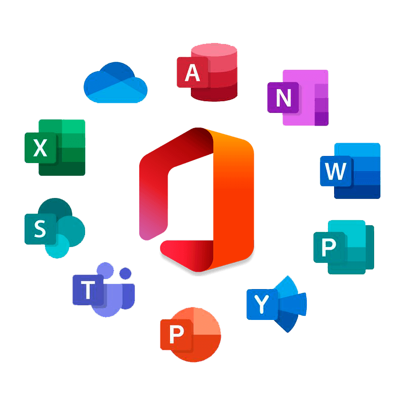 Íconos de las aplicaciones de Microsoft 365: Outlook, Word, Excel, Teams y PowerPoint.